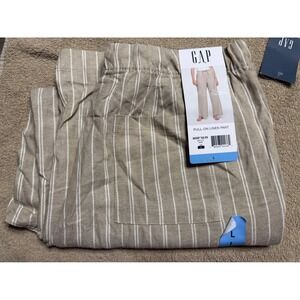 Womens Pull-On Linen Pants Khaki White Stripe Wide Leg Drawstring Large